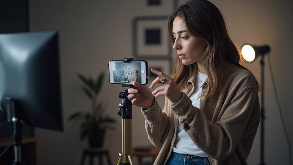 Молодая женщина создает контент для Instagram и TikTok на мобильном телефоне в современной студии