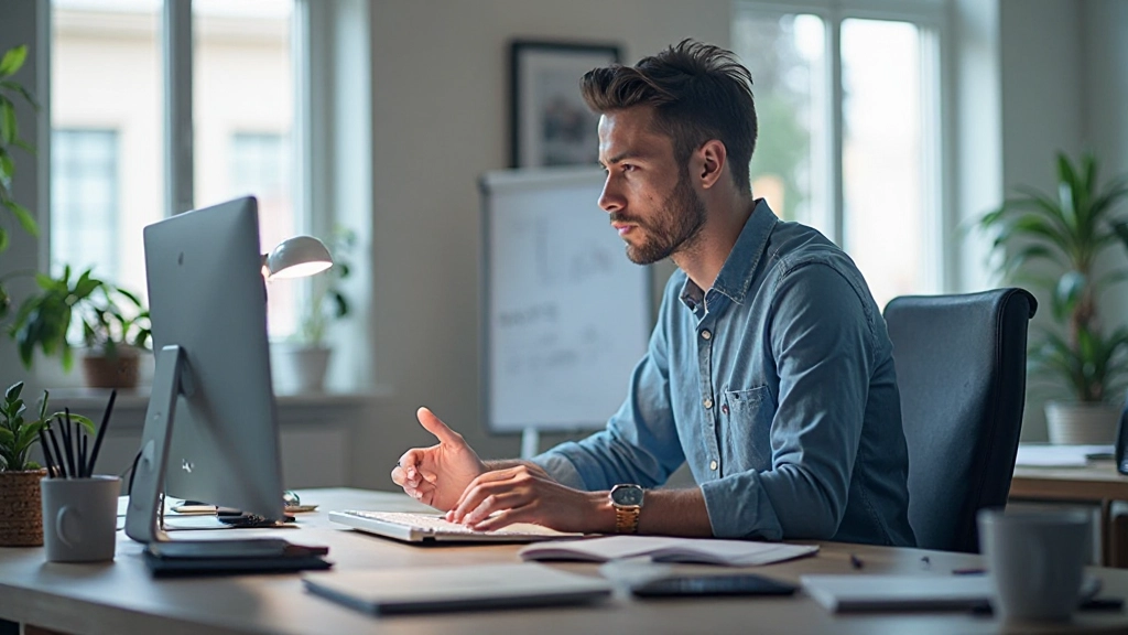 Дизайнер работает за компьютером, анализируя метрики социальных сетей на экране монитора