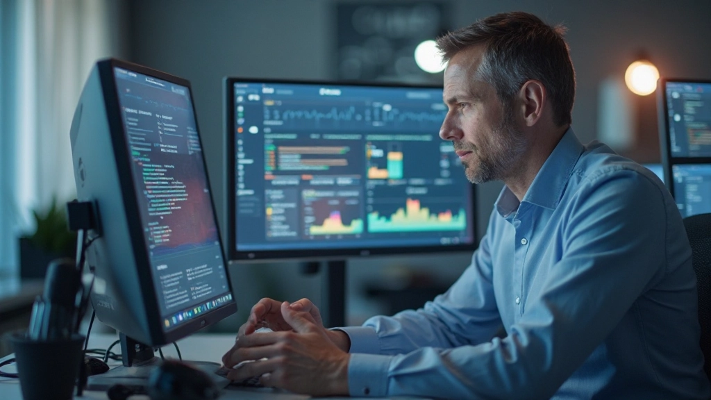 Профессиональная рабочая станция с анализом SEO данных и ключевыми словами на экране